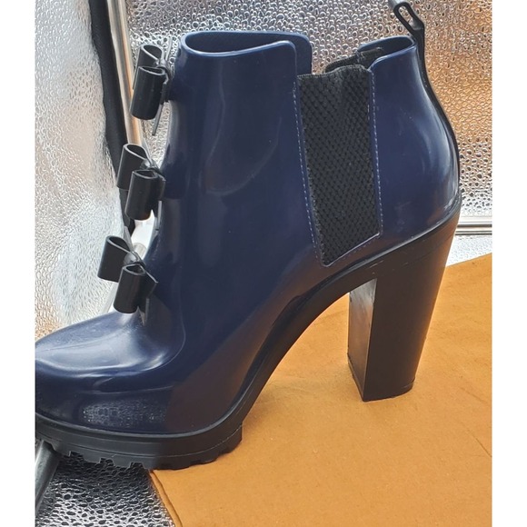 Melissa Karl Lagerfeld Boots Womens 6 Blue Bow Chelsea Ankle Rain Heel Platform - Picture 10 of 16